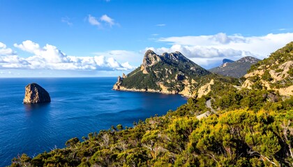 Coastal vista showcasing emerald vegetation and rugged cliffs overlooking azure waters under a bright, cloud-dotted sky