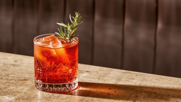 Cocktail presented in an elegant glass with ice, herbs, and garnish, ideal for bar menus and beverage promotions