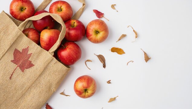 Fresh red apples packed in a tote against a white backdrop. Overhead shot of autumn fruit with empty space for text. Fall produce and apple recipe theme.