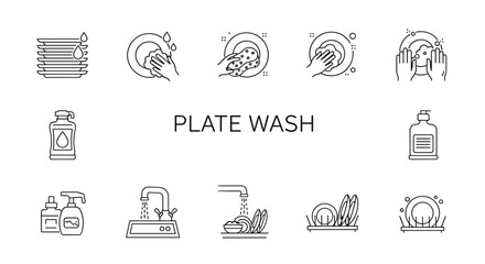 Minimalistic thin line icon set for plate washing, including stacking dishes, hand washing plates with sponge and soap, faucet running water, dish rack, and soap dispenser. Ideal for web, graphic