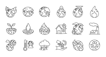 Set of Planet Earth line icons depicting environmental crisis and climate change, including global warming, melting ice caps, deforestation, drought, wildfires, pollution, and recycling symbols