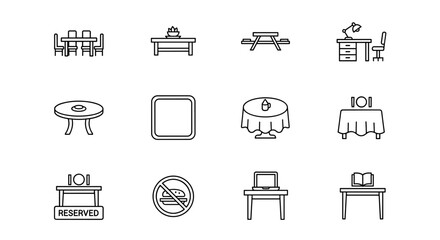 Set of table-related line icons, including dining table with chairs, picnic table, desk with lamp and chair, round table, square table, tablecloth-covered table, reserved table, no food sign, laptop