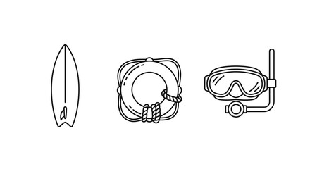 Minimalistic linear icons set for water sports and activities, featuring a surfboard, a lifeline ring with rope, and a diving mask with snorkel, presented in a clean, modern, and simple line art