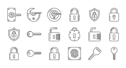 Set of lock and key related line icons, including door locks, padlocks, shields with locks, and fingerprint scanners, presented as outline signs for graphic and web design, apps, adverts, and various