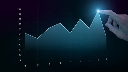 Stylized Line Graph with Peak Data Point Highlighted by Hand Gesture
