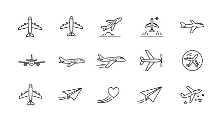 A collection of minimalistic linear pictograms representing airplanes and paper planes, suitable for web and graphic design, apps, banners, social networks, and cards. This vector cartoon