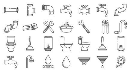 Collection of plumbing outline icons, including pipes, faucets, toilets, sinks, wrenches, plungers, water heaters, and pressure gauges, perfect for infographics, articles, books, flyers, and banners