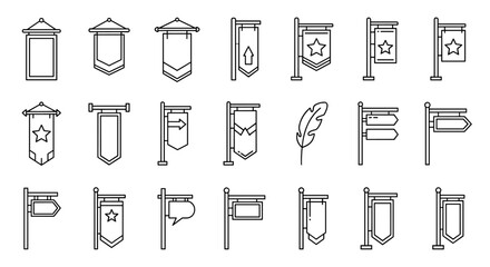 Collection of outline banner and sign icons, perfect for street advertising, graphic design, web elements, app interfaces, and diverse card designs. This vector bundle features a variety of hanging