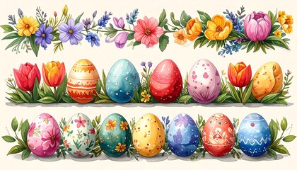 Watercolor illustration featuring painted eggs with a floral border. Colorful blossoms, tulips, and green foliage complement the eggs in this springtime design