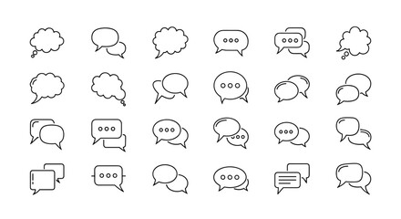 Collection of thin line icons representing speech bubbles, talking, conversation, and dialogues, perfect for web sites, books, cards, and apps, editable stroke, vector cartoon illustration