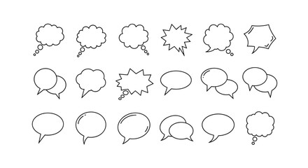 Collection of minimalistic linear speech bubble outline icons, perfect for web and graphic design, apps, banners, social networks, and cards, offering a clean and modern aesthetic for