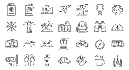 A comprehensive collection of travel and journey-related line icons, featuring an outline style perfect for graphic and web design, app development, advertisements, and various card designs. This
