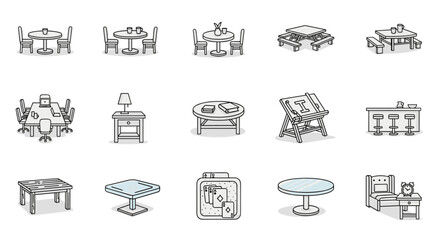 Collection of 15 diverse table-related line icons, including dining tables, picnic tables, conference tables, coffee tables, bar tables, and a drafting table, presented in a cartoonish, editable