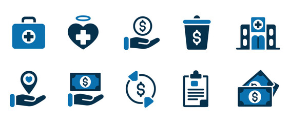 Stunning collection of healthcare and finance icons symbolizing medical aid, donations, costs, and financial transactions for modern business and wellness concepts