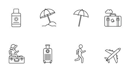 Collection of travel-related outline symbols, including sunscreen, beach umbrella, luggage, a person sitting on a suitcase, a running figure, and an airplane, perfect for banners, infographics