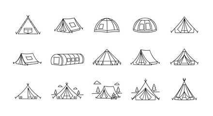 Collection of minimalistic outline style tent icons for design, cards, apps, and social networks. This ordered set features various tent types, including A-frame, dome, and teepee styles, perfect for