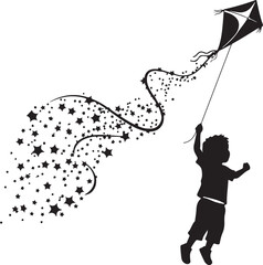 Child flying a kite illustration with stars and a playful line