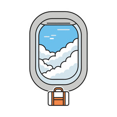 Travel concept with a suitcase by a plane window observing clouds and sky. Suitable for travel blogs, airline promotions, or vacation themes.