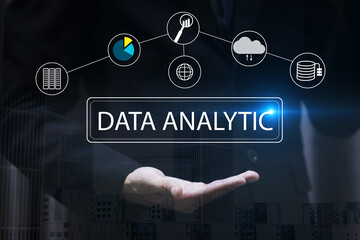 A businessman in a suit overlooking a vibrant city. Surrounding him are visual concepts of data analytics, machine learning, and big data.