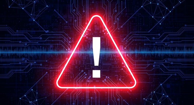 Red triangle warning sign with exclamation point on a blue circuit board background