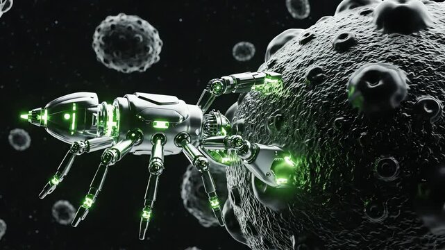 A nanobot docking onto a single bacterium, glowing arms latching on like a spacecraft to an alien planet