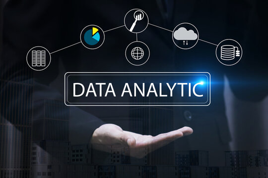 A businessman in a suit overlooking a vibrant city. Surrounding him are visual concepts of data analytics, machine learning, and big data. - Powered by Adobe