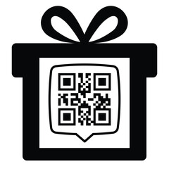 Black Christmas gift box icon with a bow, featuring a QR code on the front face. Simple, modern design suitable for digital gifts, e-commerce, mobile scanning, and tech-related gift concepts.