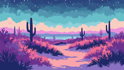 Neon dune garden — sweeping dunes with rows of illuminated sculptural plants and soft scanline haze, palette: peach, cyan, orchid, no people