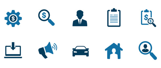 Discover modern business icons representing financial growth, client search, professional services, data analysis, and property investment for dynamic marketing campaigns