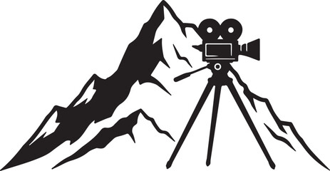 Retro Movie Camera Against Majestic Mountain Silhouette for Filmmaking Adventure