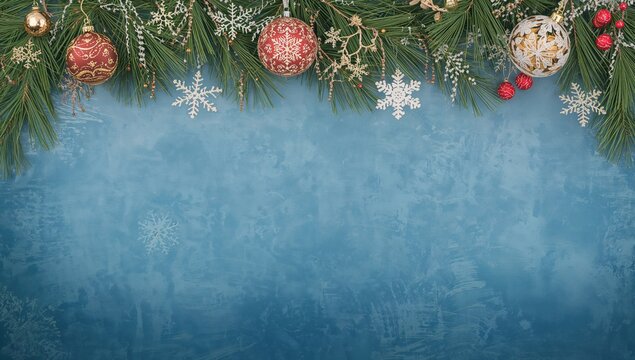 Festive circular ornament design featuring classic holiday baubles and winter greenery on a blue backdrop, overhead perspective, flat layout, space for text