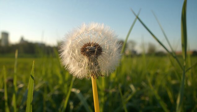 Delicate dandelion seed floating against a lush green grass backdrop, awaiting a gentle breeze