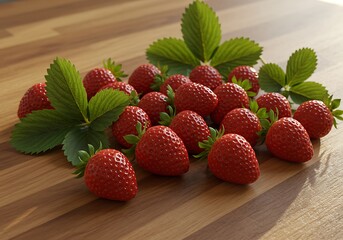 Fresh Strawberries on Wooden Surface with Green Leaves.