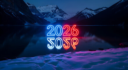 Neon 2026 sign reflected on dark lake with snowy mountains