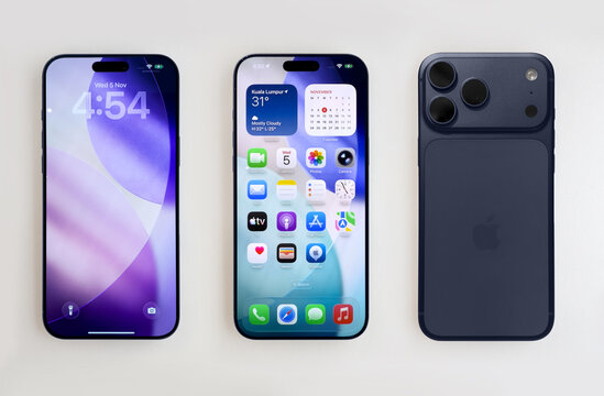 Kuala Lumpur, Malaysia - November 5, 2025: Apple iPhone 17 pro showing locked screen, home screen and back side of the phone