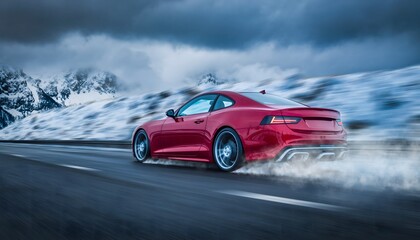 Fototapeta premium Red Sports Car Drifting on Snowy Mountain Road — Winter Driving, Speed Motion Blur, Performance Car Action Scene