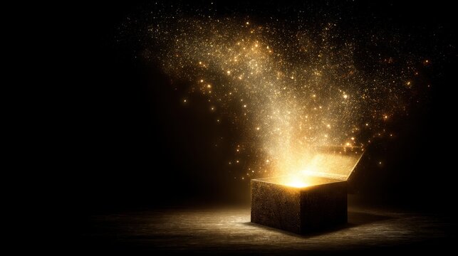 Magical treasure chest emitting shimmering golden light and sparkling particles in a dark mystical environment