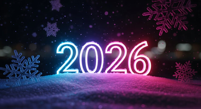 Neon 2026 numbers glowing in snow with snowflakes new year - Powered by Adobe