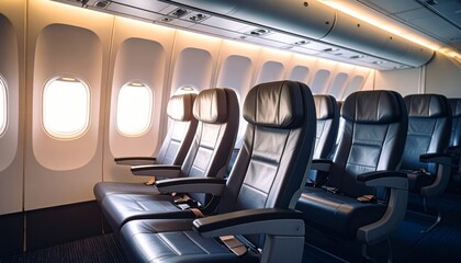 Fototapeta premium Empty Airplane Cabin Interior with Soft Ambient Lighting and High Fidelity Atmosphere for Travel and Relaxation