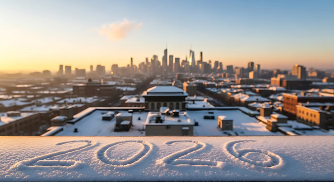 Snow covered rooftop with 2026 written in snow overlooking city skyline