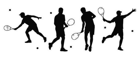 Dynamic tennis players in action, black silhouettes showcasing power, agility, and competitive spirit, perfect for sports design and promotional projects