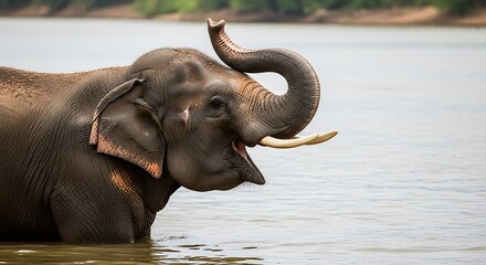 Majestic Asian Elephant Enjoying a Refreshing Bath in a Lake.