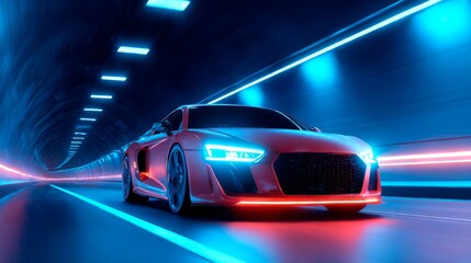 A red sports car races through a futuristic tunnel with neon lights. Dynamics, speed, and modern design.