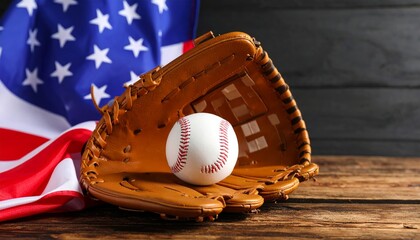 Vintage Baseball Glove and Ball Next to Traditional American Flag on Rustic Wood Background