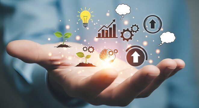 Hand holding growth and business icons representing innovation and development ideas