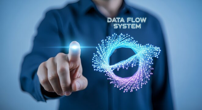 Man pointing at a data flow system graphic with glowing lines and connections in blue