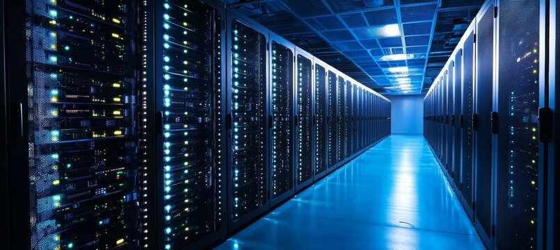 A Modern Data Center with Rows of Server Racks and Advanced Networking Equipment for Cloud Computing