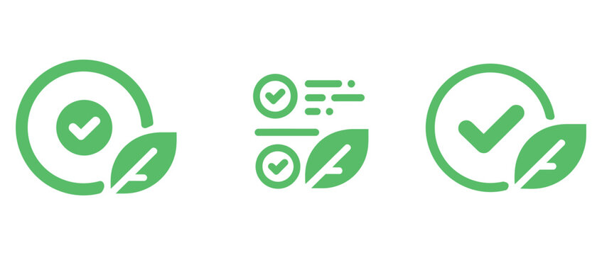 Eco-friendly approval icons with checkmarks and leaves symbolize sustainability, environmental protection, and positive choices for green initiatives