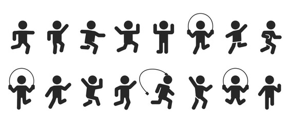 Dynamic silhouettes of people running, jumping, and skipping rope, perfect for fitness, activity, and sports-related designs, creating a sense of motion