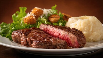 Rare rib eye steak slices served with Caesar salad and mashed potatoes